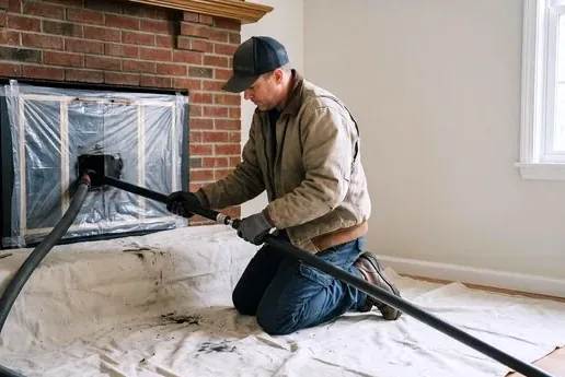 Tech using a HEPA vacuum and drop cloths while cleaning a fireplace in a San Francisco flat