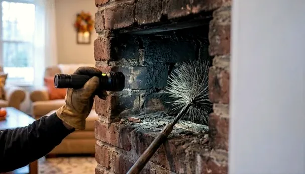 Technician using a flashlight to inspect a brick firebox for earthquake cracks in San Francisco
